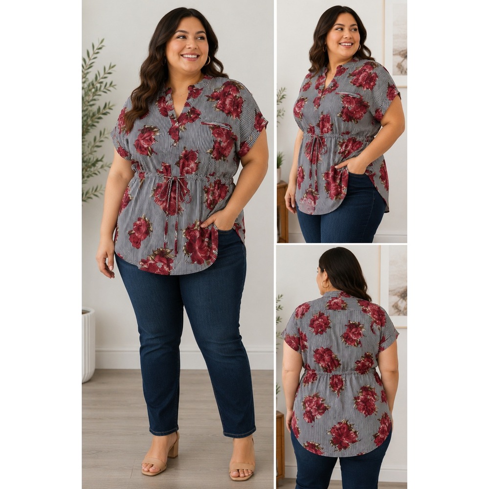 Mileage Woman's 2X Floral Stripe Short Sleeve Waist Drawstring Tunic Blouse